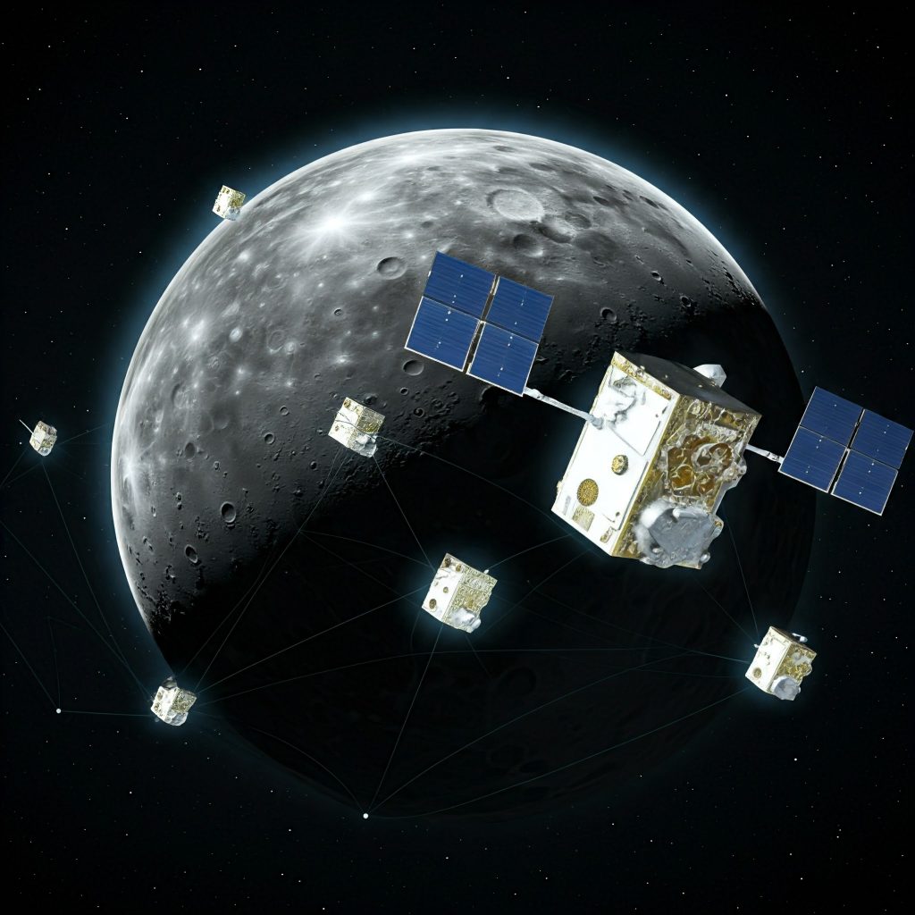 Luna con satelliti per connettività: Generata da AI